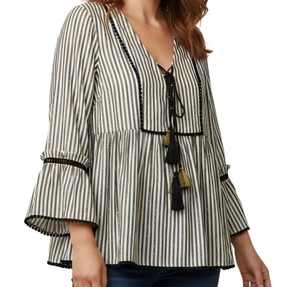 Crown & Ivy Women's Size L Blouse Top Striped Tassel Bell Sleeve Boho Festival